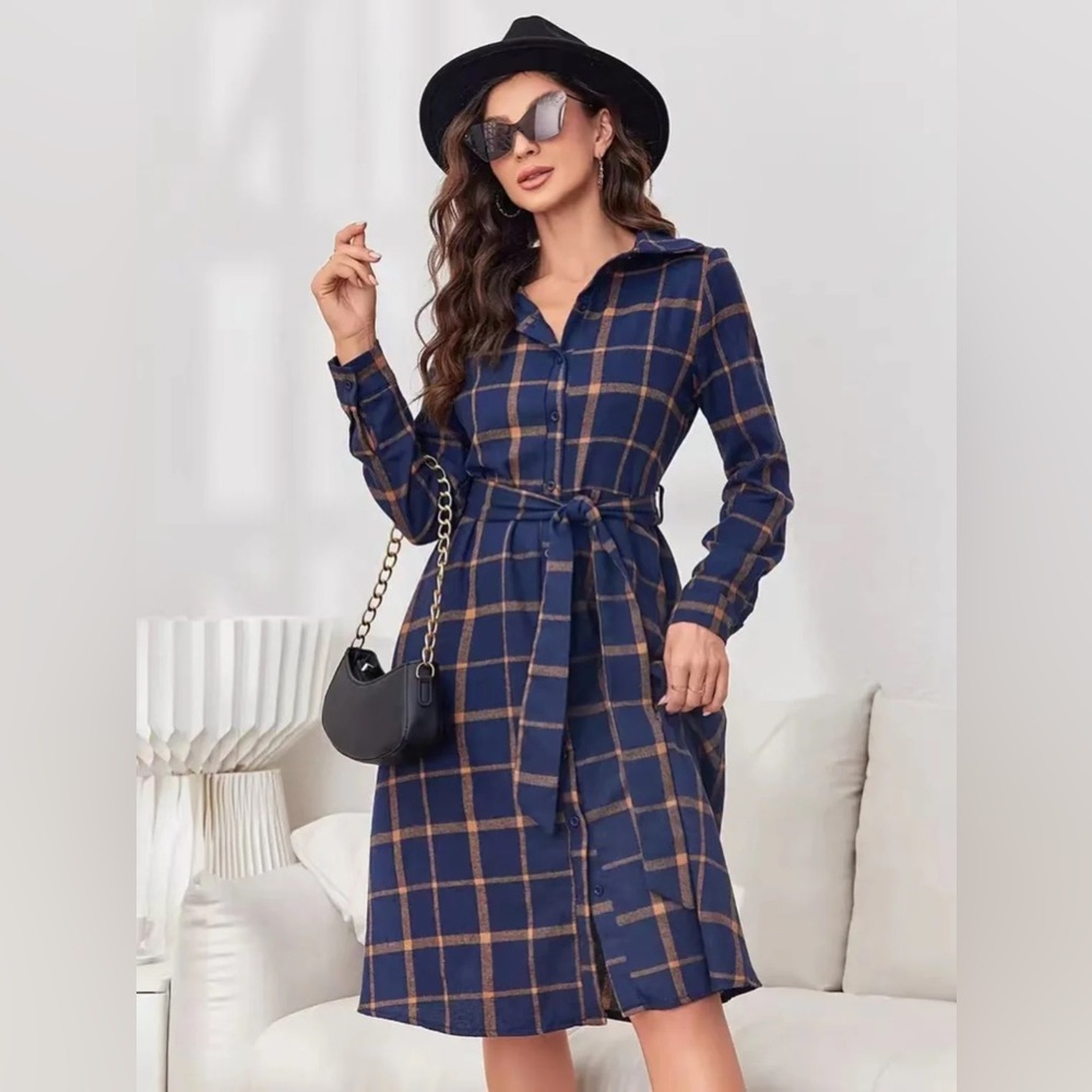 Navy and Brown Plaid Long Sleeve Dress